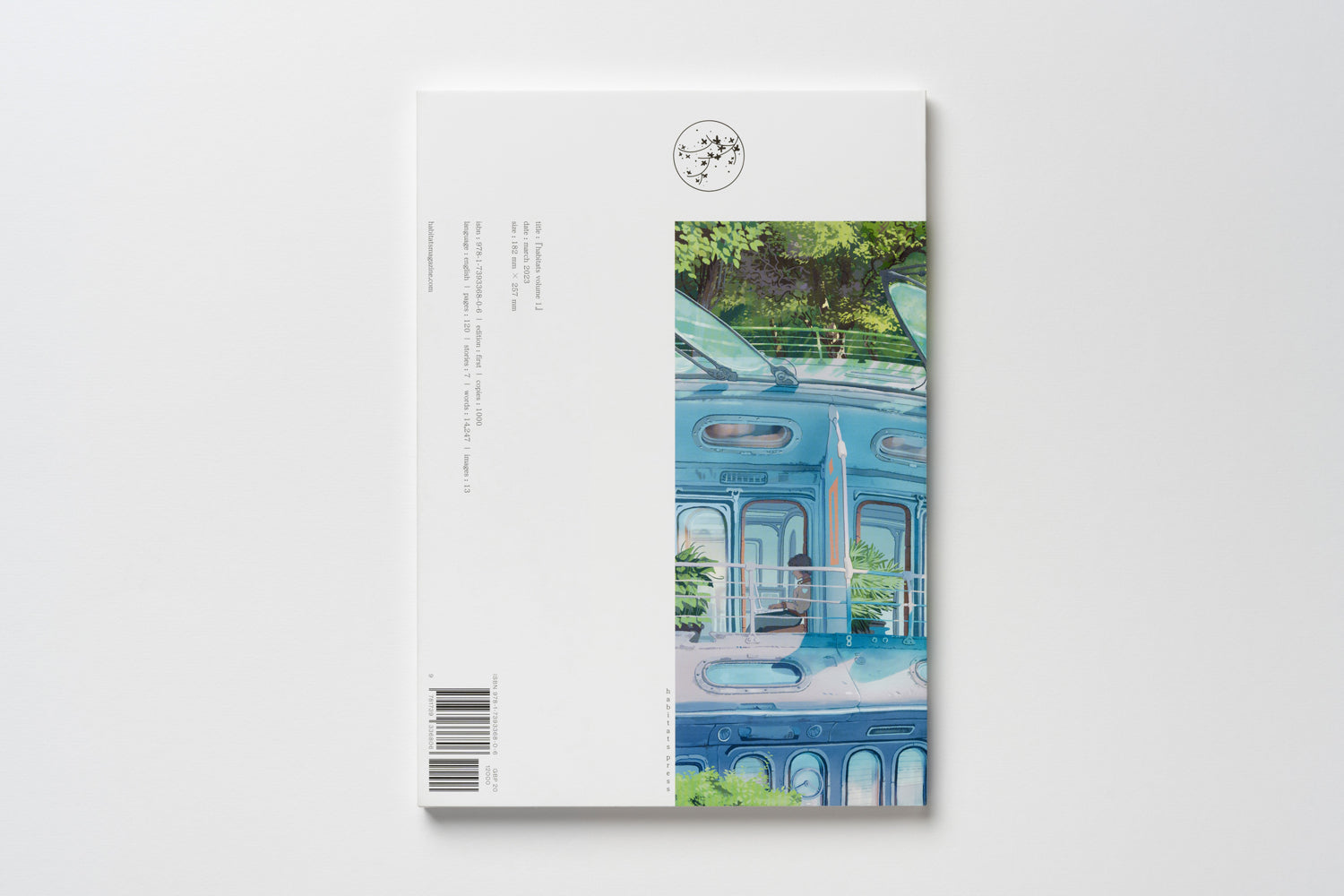 A photo of the back of Habitats Volume 1's dust jacket, continuing the illustration with a wraparound section. The publishing details and barcode appear on the other side.